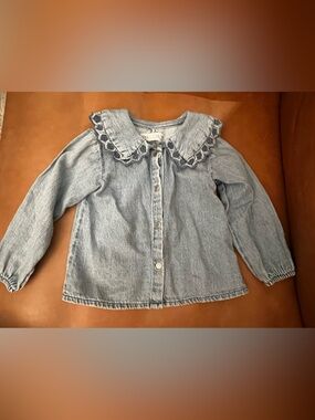 Zara Kids Light Blue Denim Button Up Shirt with Ruffle Collar